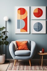 Blue armchair and geometric artwork in living room