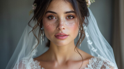Portrait of a bride on her wedding day. Natural makeup with diamond earrings