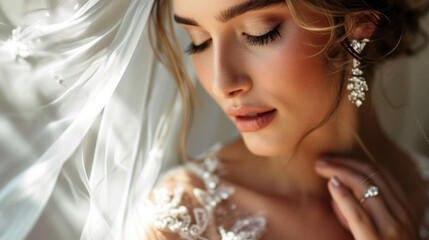 Portrait of a bride on her wedding day. Natural makeup with diamond earrings - obrazy, fototapety, plakaty
