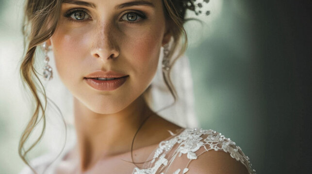 Portrait of a bride on her wedding day. Natural makeup with diamond earrings
