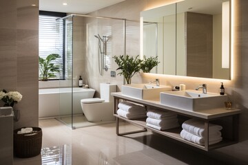 Modern bathroom interior with his and hers vanity, bathtub, and toilet