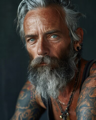Gray-Bearded Tattooed Man Portrait