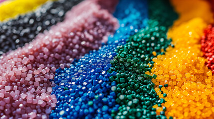 Colorful plastic pellets used in manufacturing, variety of colors