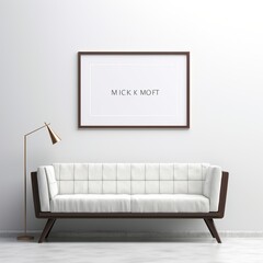 A mid-century modern living room with a white sofa and a brown wooden frame with text on the wall behind it.