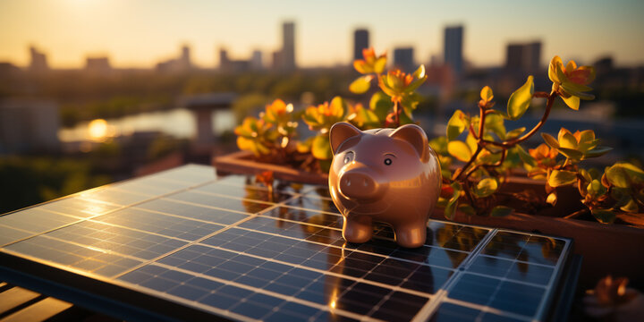 Solar panels and pig piggy bank, Money saving concept.