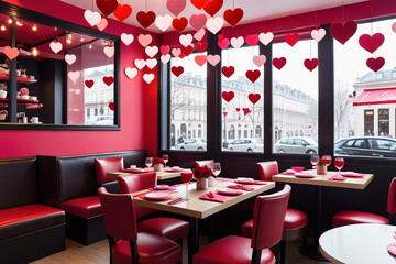 A table in a cafe decorated for Valentine's Day. Festive decor. Generative AI.