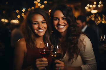 Women hold a glass of wine in their hands at a bar, celebrating the holiday of friendship and love
