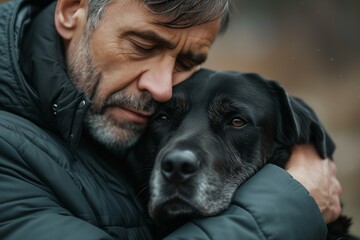 A sad mature man cuddles a black dog