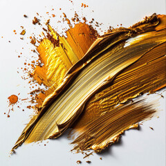 Dynamic gold and brown paint strokes with splatters on a white background.
