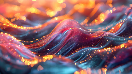 Abstract digital art of glowing, undulating waves with orange bokeh effects on a blue and red...