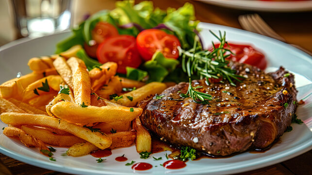 Muffled colors in the photo of a steak with a juicy lining of fries and tomato salad