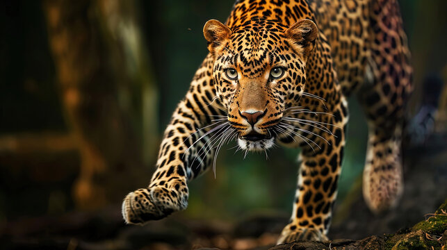 In the picture, a beautiful leopard, expressing his grace in motion, creates the impression of smo