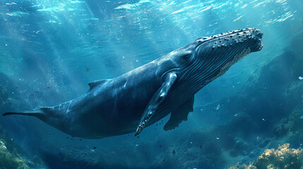 The elegant image of a beautiful whale floating in the azure waters reports the grace and power of