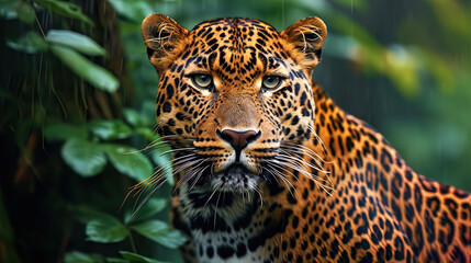 Obraz premium The image of a leopard with wet wool after rain creates a picture of natural beauty and freshness