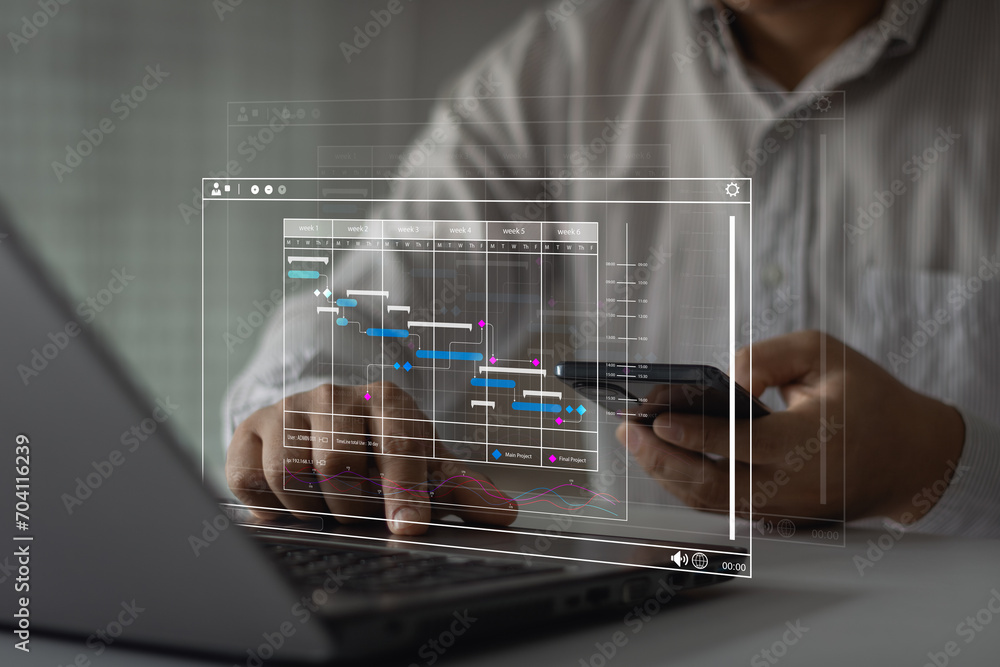 Aufkleber project manager work with smartphone or tablet, laptop computer and update business tasks with miles
