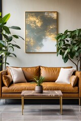 A stylish living room with a brown leather couch and marble coffee table