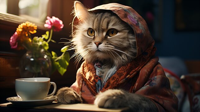 A cat wearing a floral bathrobe is sitting at a table and having afternoon tea