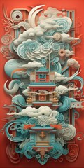 Intricate and colorful depiction of a traditional Chinese courtyard