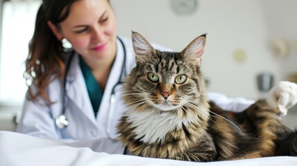 A female veterinarian smiles down at a long-haired tabby cat resting on a white surface.
