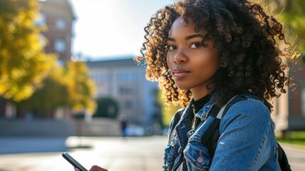 Young african woman with curly hair looking contemplatively at her phone in an autumn setting