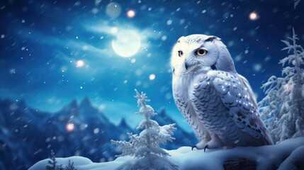 Snowy owl in a magical winter night scene with snowflakes and moonlight.