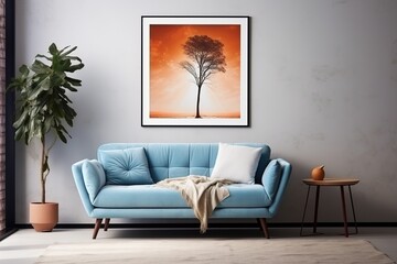 Blue couch and tree artwork in living room