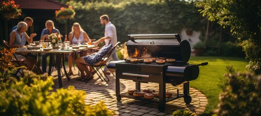 Family and friends having a barbecue in the backyard