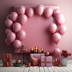 Birthday photo zone and décor with gifts, candles and flowers with pink balloons, love day, empty space in the center