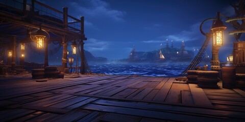 Naklejka premium fantasy pirate ship night dock port