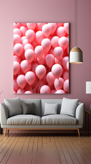Pink balloons on pink background in interior