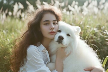 Portrait of woman with cute white samoyed dog