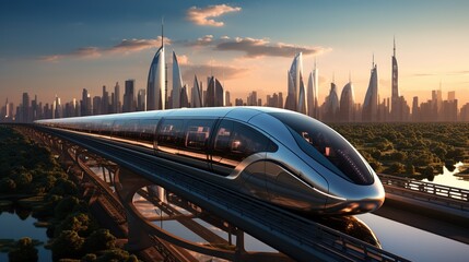 futuristic cityscape with maglev train