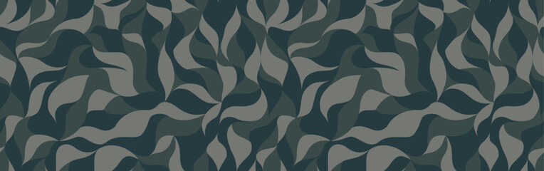 Curly waves tracery, black and gray curved lines, stylized abstract petals camouflage pattern. Leaflets camo texture wallpapers for printing on paper or fabric.  Vector seamless background - obrazy, fototapety, plakaty