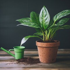 Obraz premium Alocasia houseplant in a brown flowerpot on a wooden table