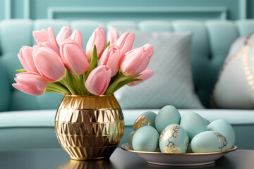 Pink tulip flowers and turquoise colored Easter eggs. Art deco style golden decoration