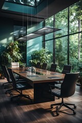 Modern office interior with large windows and wooden conference table