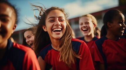 Team of young girls football players