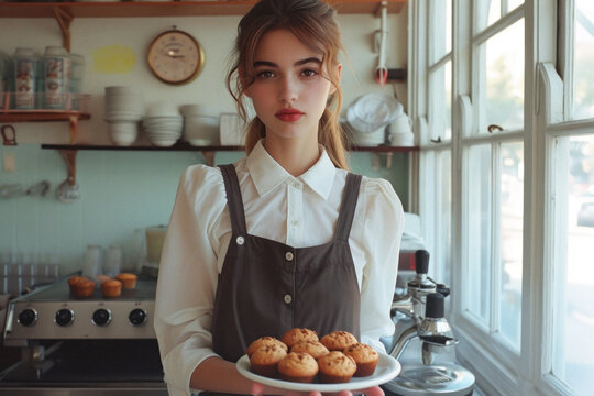 Portrait of Woman with Plate of Muffins