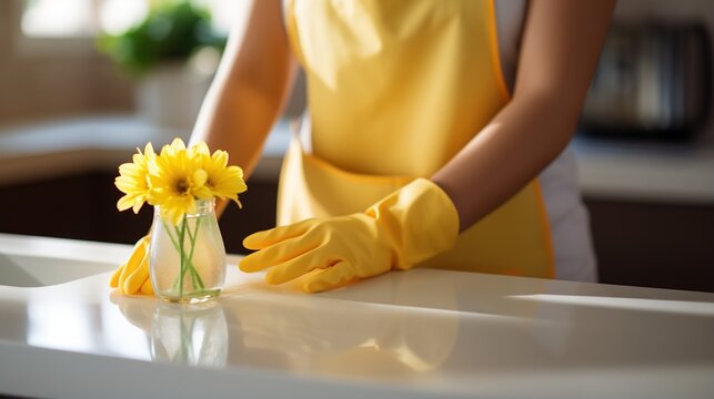 A woman wearing yellow gloves and apron cleaning the kitchen counter