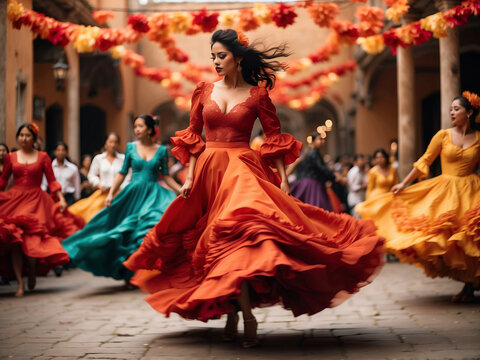 Vibrant dancers in flowing dresses whirl in a traditional dance through a historic, festively decorated corridor