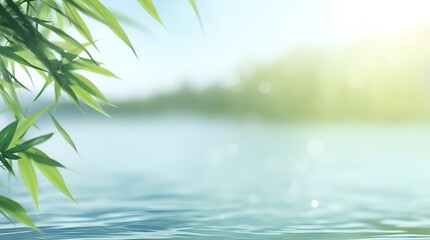 Fototapeta na wymiar border of green bamboo leaves over sunny water surface background banner, beautiful spa nature scene with asian spirit and copy space