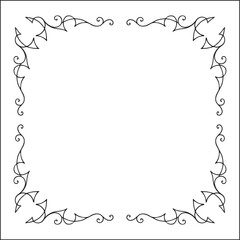Elegant black and white thin ornamental frame, sharp corners, decorative border, corners for greeting cards, banners, business cards, invitations, menus. Isolated vector illustration.	