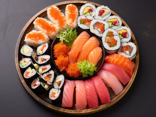 Plate of sushi, snacks of raw fish and rice with chopsticks