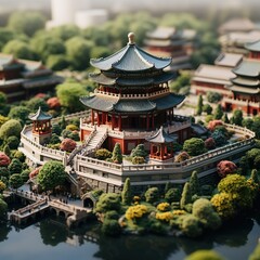 Obraz premium Miniature Chinese courtyard with traditional architecture and landscaping