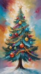 Oil painting Christmas tree artwork. Hand drawn oil painting. Christmas art background. Oil painting on canvas. Modern Contemporary art
