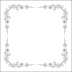 Elegant ornamental frame with school objects, decorative border, corners. Isolated vector illustration.