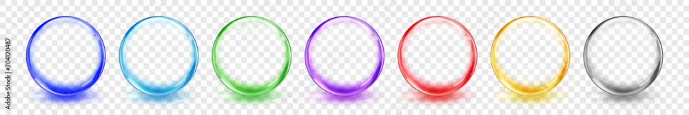 Poster set of translucent colored spheres with glares and shadows on transparent background, vector illustr