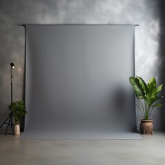 Gray seamless paper backdrop with potted plants and lighting equipment