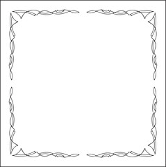 Elegant black and white thin ornamental frame, sharp corners, decorative border, corners for greeting cards, banners, business cards, invitations, menus. Isolated vector illustration.	