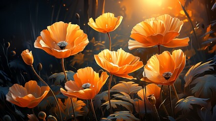 Poppy flower sunset or sunrise sky yellow light on golden hours